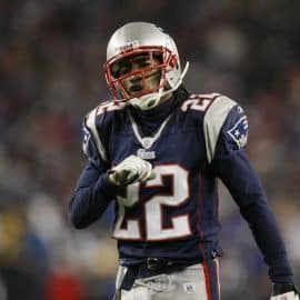 New England Patriots cornerback Asante Samuel touches his chest.