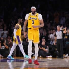 Los Angeles Lakers forward Anthony Davis walks up the court.