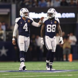 Dallas Cowboys wide receiver CeeDee Lamb (88) and quarterback Dak Prescott (4)
