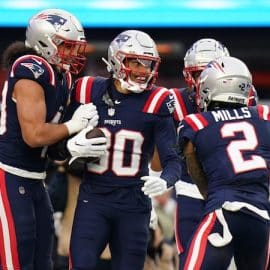 New England Patriots linebacker Marte Mapu (30) reacts after intercepting a pass intended for Kansas City Chiefs