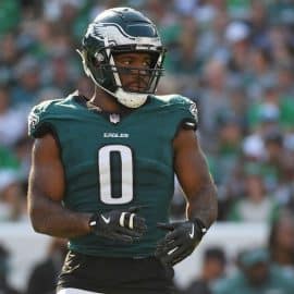 Philadelphia Eagles defensive end Bryce Huff stands on the field.