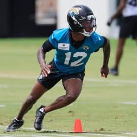Travis Hunter runs a route for the Jaguars.