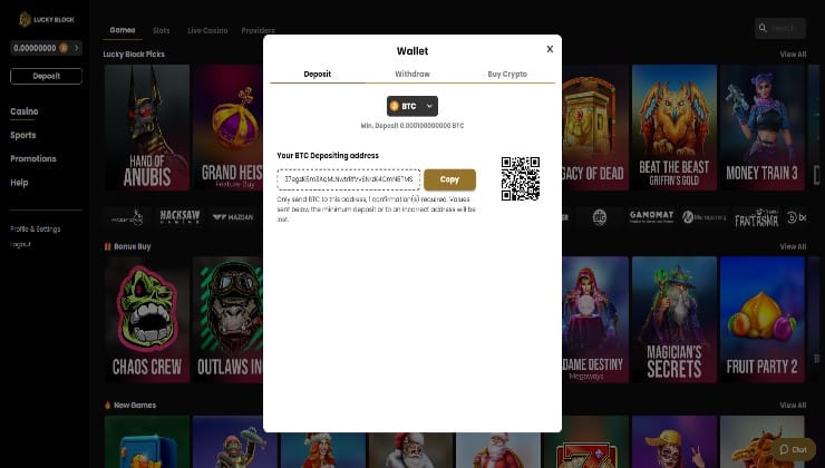 Depositing via Bitcoin at LuckyBlock