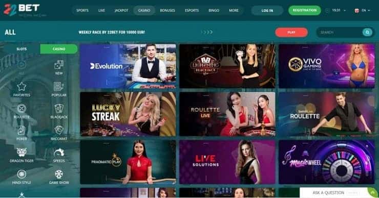 22bet live casino
